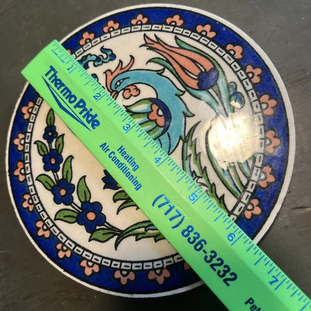 Trivet Turkish Handmade Ceramic Hot Plate Blue Peach Flowers Rooster 6-1/4